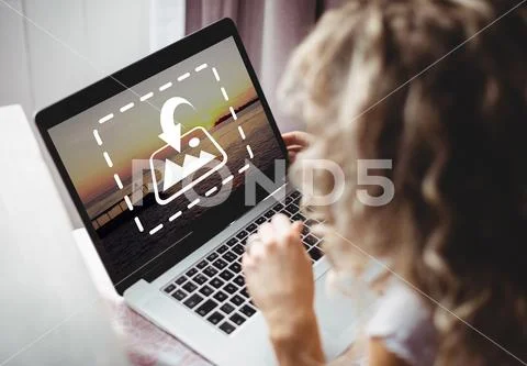 PSD template of woman working on laptop at home PSD Template