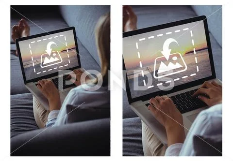 PSD template of woman working on laptop on sofa at home Plantilla PSD