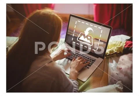 PSD template of woman working on laptop on bed at home PSD Template