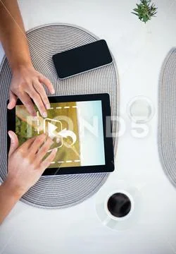 PSD template of womans hand using digital tablet in the coffee shop PSD Template