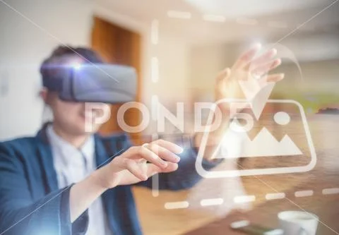 PSD template of young woman using virtual reality headset in college PSD Template