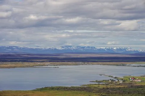Pseudocraters and valcano mount. Lake Myvatn summer panorama from Hverfjall v Stock Photos