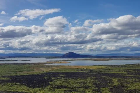 Pseudocraters and valcano mount. Lake Myvatn summer panorama from Hverfjall v Stock Photos