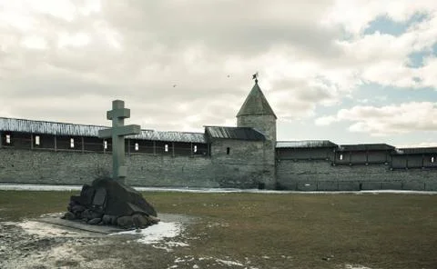 Pskov. Kremlin on background of blue sky and gray clouds Stock Photos