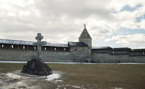 Pskov. Kremlin on background of blue sky and gray clouds Stock Photos