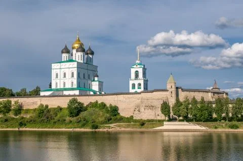 Pskov kremlin (krom) and the trinity orthodox cathedral, russia. Stock Photos