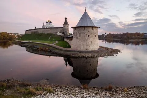 Pskov Kremlin at sunset Stock Photos