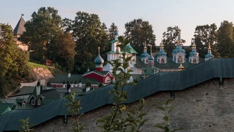 Pskov-Pechersk Monastery at Sunset. Time-lapse. Stock Footage 323304473