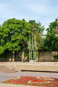Pskov, Russia. Memorial complex with clustered vertical anti-aircraft gun b.. Stock Photos