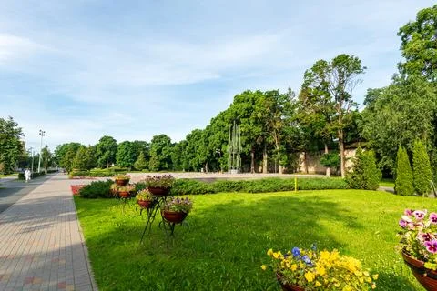 Pskov, Russia. Memorial complex with vertical anti-aircraft gun barrels clu.. Stock Photos