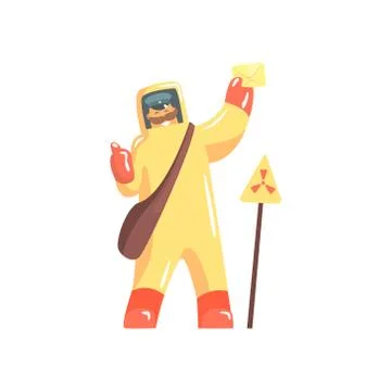 Pstman In Protective Suit In Redioactive Area With Letter Ilustração Stock