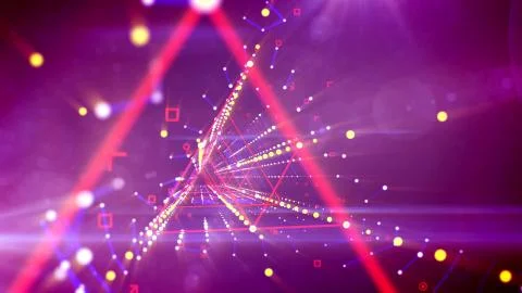 A psychedelic 3d illustration of a curvy triangular neon tunnel with blurred  Stock Illustration