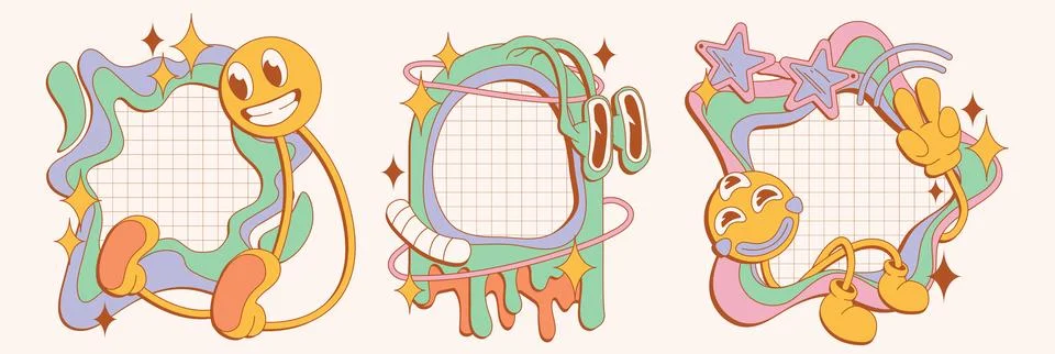 Psychedelic 70s groovy retro frames Stock Illustration