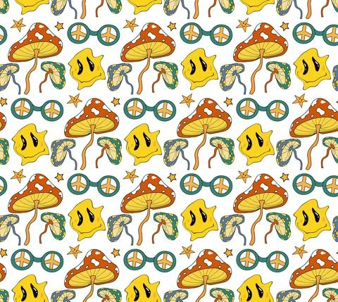 Psychedelic 70s seamless pattern with mushrooms and melting cartoon faces Stock Illustration
