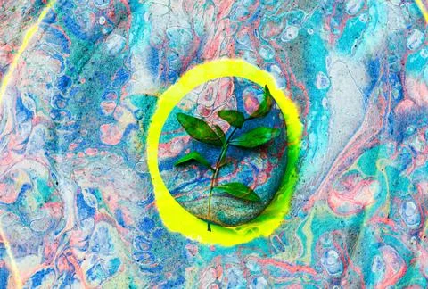 Psychedelic abstract background with mixed acrylic paints and Gray stone. Des Stock Photos