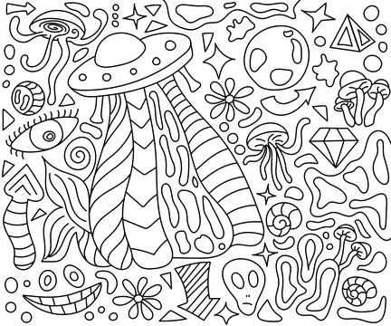 Psychedelic Abstract Coloring Book. Space, Alien, Ufo. Mushroom. Shapes and.. Stock Illustration