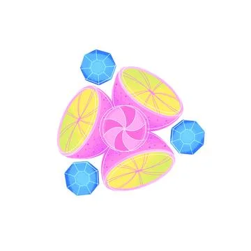 Psychedelic abstract composition with citrus fruit and diamonds isolated on w Stock Illustration