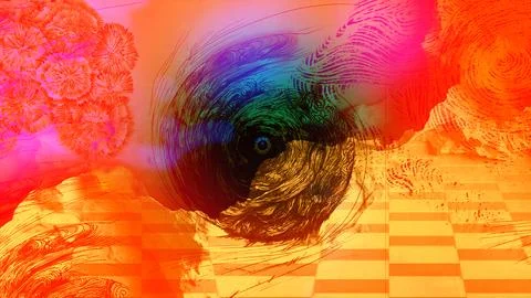 Psychedelic abstract digital artwork featuring a swirling vortex with vibrant ne Stock Illustration