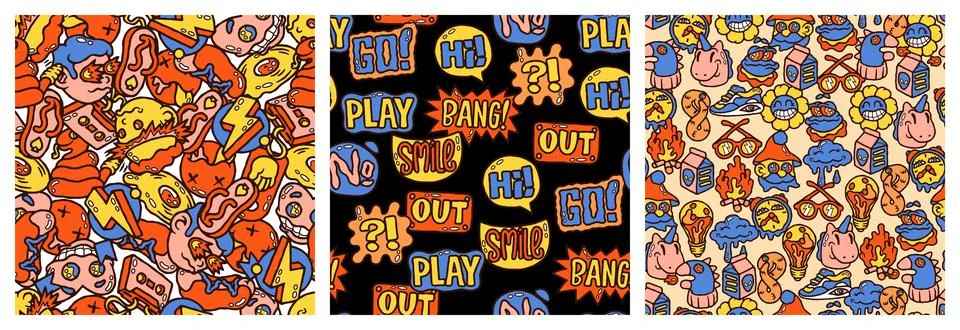 Psychedelic abstract pattern. Seamless print with comic cartoon characters an 스톡 일러스트