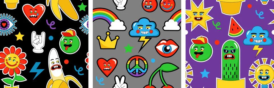 Psychedelic abstract pattern. Seamless print with comic cartoon characters an 스톡 일러스트