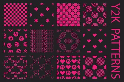 Psychedelic acid Y2K seamless pattern set. Trippy background with smile sticker Stock Illustration