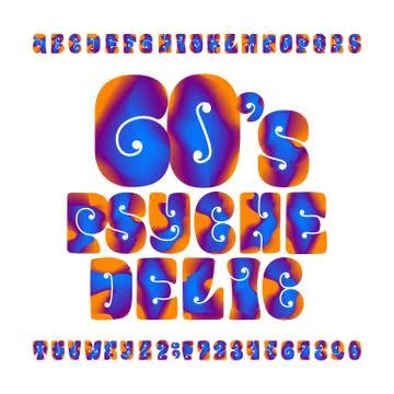 Psychedelic alphabet vector font. Hand drawn letters and numbers. Stock Illustration