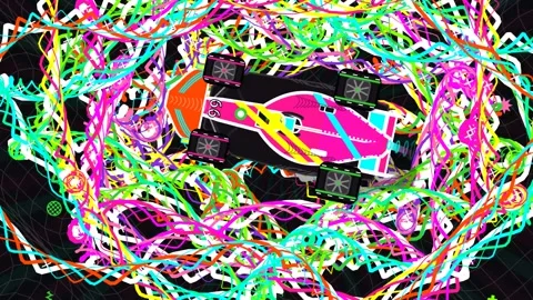 Psychedelic Animation Of Open Wheel Racecar Drifting With Colorful Neon Trails Stock Footage 341174440