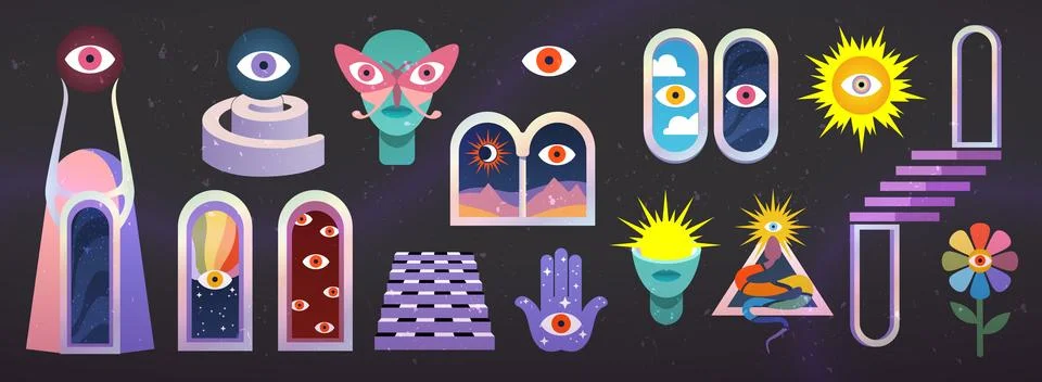 Psychedelic arch. Space ladder. Window or door with nature landscape. Magic e Stock Illustration