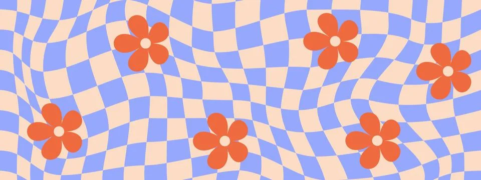 Psychedelic background with distorted grid pattern and daisy flower in tren.. Illustrazione stock