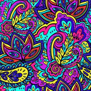 Psychedelic bright seamless texture with colorful plant and floral elements. Illustrazione stock
