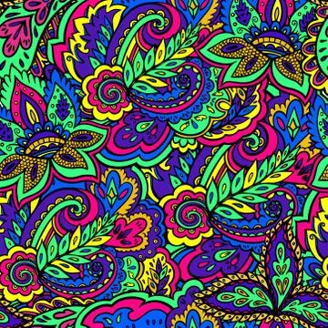 Psychedelic bright seamless texture with colorful plant and floral elements. Illustrazione stock