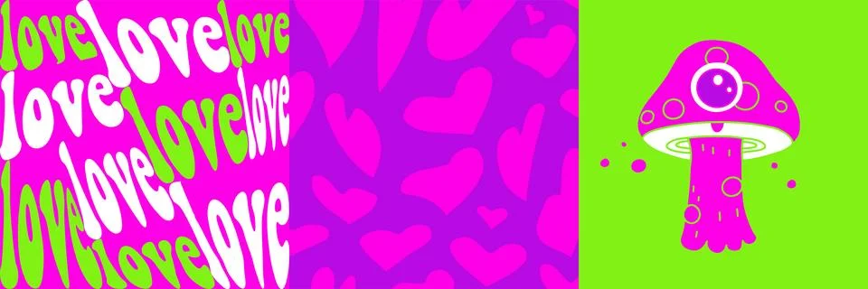 Psychedelic cards set with trippy patterns and magic mushroom character. Vector Illustrazione stock