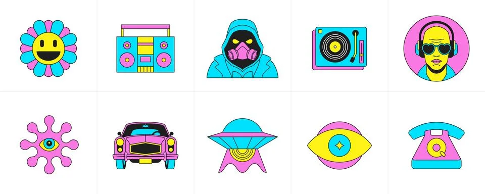 Psychedelic cartoon characters and elements trendy funky sticker groovy icon  Stock Illustration