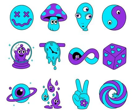 Psychedelic Cartoon Icons Stock Illustration