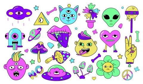 Psychedelic characters set. Skull and alien emoji sticker, crazy doodle smili 스톡 일러스트