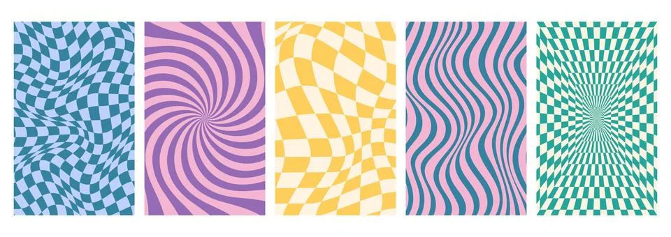 Psychedelic checkerboard posters with seamless pattern with warped grid tile Stock Illustration