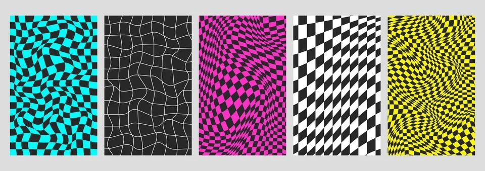Psychedelic checkerboard posters with seamless pattern with warped grid tile Stock Illustration