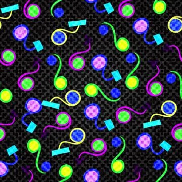 Psychedelic circles on a dark background geometric seamless pattern Stock Illustration