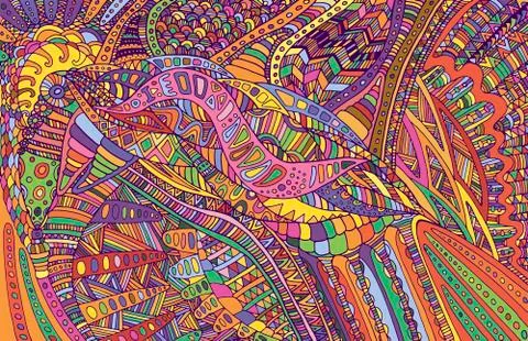 Psychedelic colorful surreal doodle pattern. Rainbow colors abst Stock Illustration