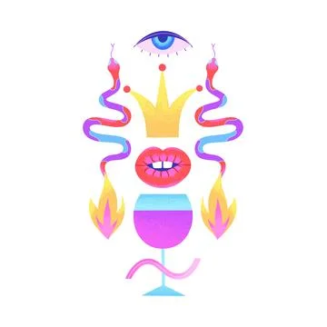 Psychedelic composition with glass of wine, snakes, crown, eye, lips, fire .. Stock Illustration