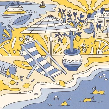 Psychedelic composition of summer, sea, lemons with sun lounger and umbrella on Stock Illustration