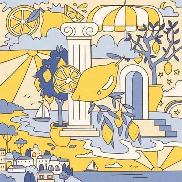 Psychedelic composition on the theme of juicy lemons and summer holidays on the Stock Illustration