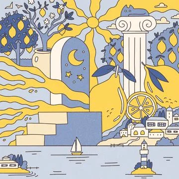 Psychedelic composition on the theme of summer, sea, lemons on the shore of the Stock Illustration