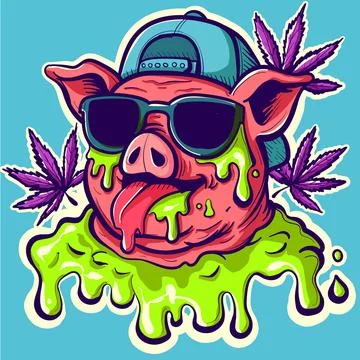 Psychedelic cool pig head sticker with sunglasses and rapper hat Stock Illustration