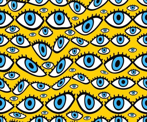 Psychedelic deformed eyes seamless pattern. Vector hand drawn line doodle Stock Illustration