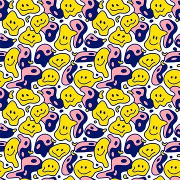 Psychedelic deformed wavy smile face and Yin Yang seamless pattern. Vector hand Stock Illustration