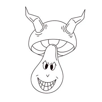 Psychedelic devil mushroom with horns in groovy line art style. Spooky character Stock Illustration