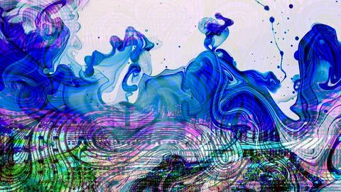 Psychedelic digital art featuring fluid blue and purple paint swirls, abstract Stock Illustration