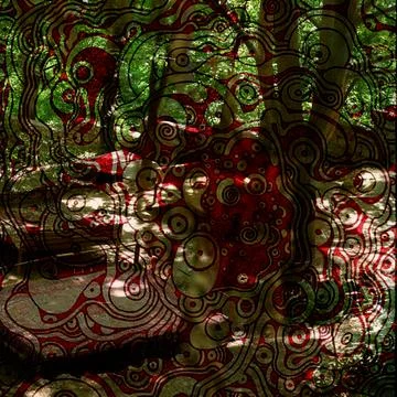 Psychedelic digital art overlay featuring intricate red and black swirling Stock Illustration
