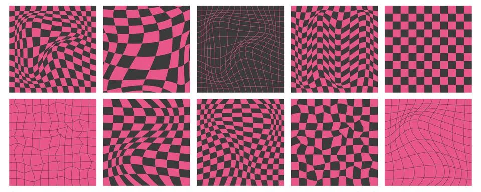 Psychedelic distorted checkered patterns set 스톡 일러스트